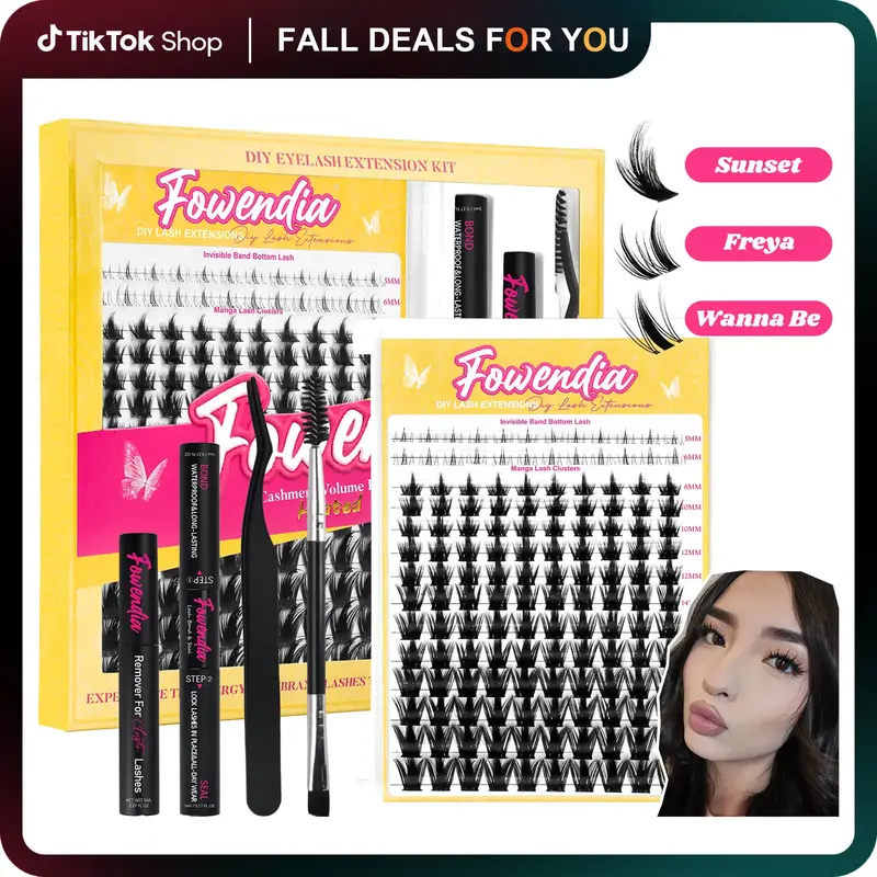 Fowendia California Sunset Wanna Be Freya Manga Lashes Cluster C D Curl DIY Lash Extension Kit and Lash Clusters 8-18mm with ...