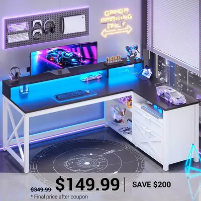 SEDETA 55 Inch Farmhouse L Shaped Gaming Desk Home Office Desk with Drawers and Storage Shelves Black Home Office Furniture