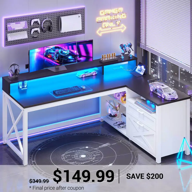 SEDETA 55 Inch Farmhouse L Shaped Gaming Desk Home Office Desk with Drawers and Storage Shelves Black Home Office Furniture