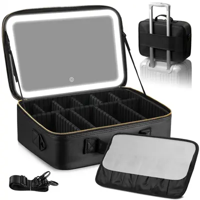 Large Capacity Makeup Bag Case Organizer with LED 3 Color lighted up mirrior, Travel Cosmetic Train Bag, Adjustable ledlight ...