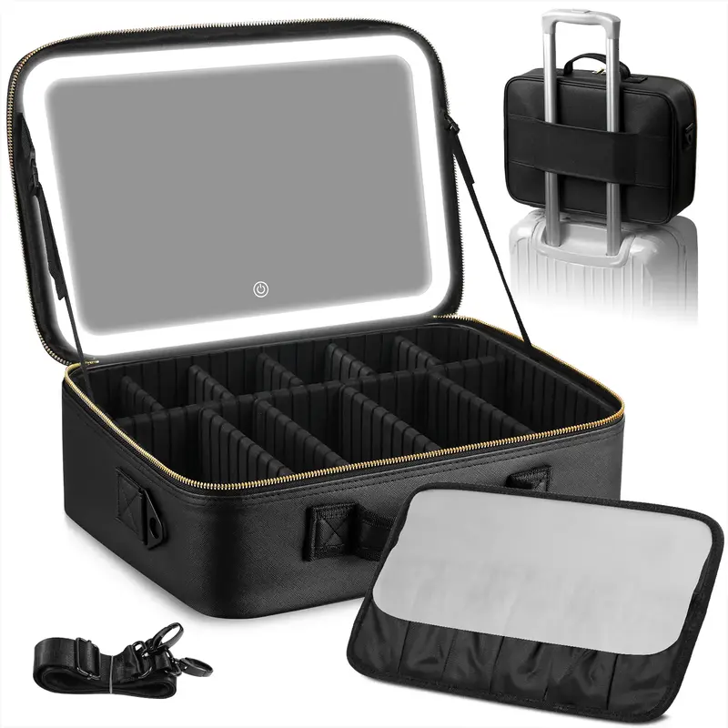 Large Capacity Makeup Bag Case Organizer with LED 3 Color lighted up mirrior, Travel Cosmetic Train Bag, Adjustable ledlight ...