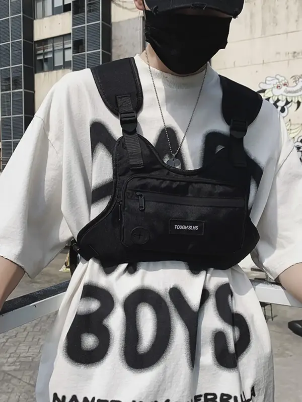 Men's Street Fashion Plain Letter Detail Release Buckle Sling Bag, Fashion Letter Label Patch Zipper Chest Bag, Casual Street...