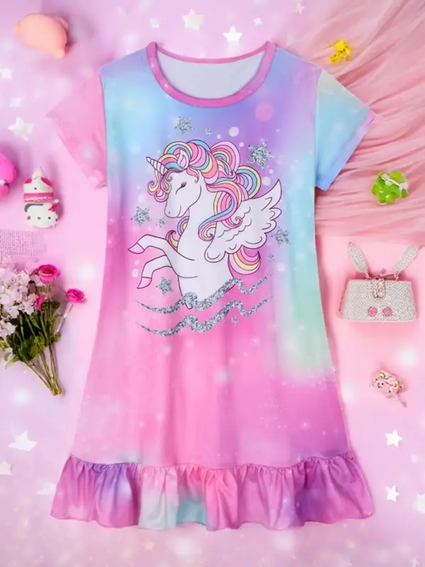 Girl's Cartoon Unicorn Print Ruffle Hem Short Sleeve Nightdress, Cute Casual Soft Comfortable Round Neck Nightgown for Daily ...