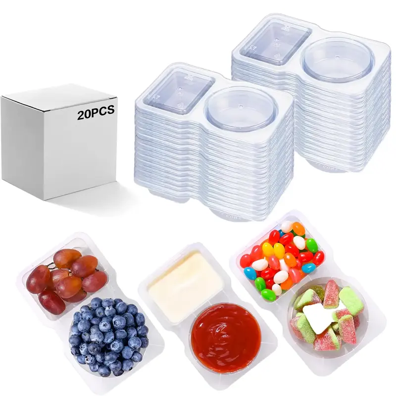 20PCS Snack Containers,2 Compartments With Lids Snack Pack Container,For Take-out Condiments,Reusable, Microwaveable, Durable...