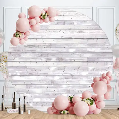 Aperturee Round White Stripe Wood Happy Birthday Backdrop