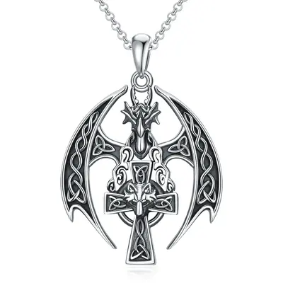 Sterling Silver Dragon With Wolf & Celtic Knot With Cross Pendant Necklace For Men