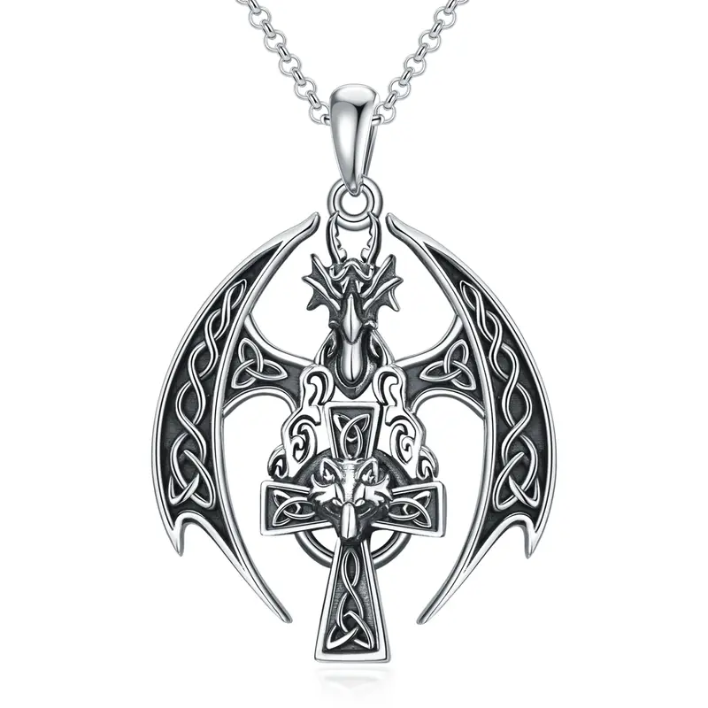 Sterling Silver Dragon With Wolf & Celtic Knot With Cross Pendant Necklace For Men