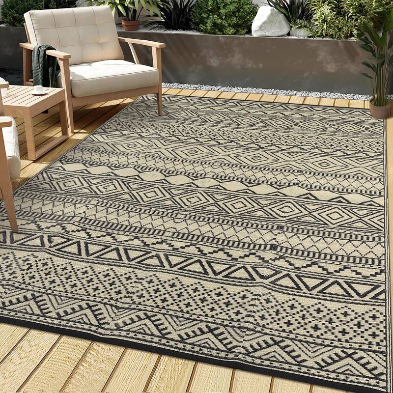 Garvee Outdoor Black & Coffee 10x14 Area Rug Non-Slip Stain-Resistant Fade-Resistant Plastic Washable Portable Camping Picnic...