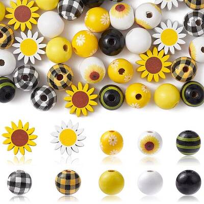 50Pcs 10 Styles Sunflower Theme Printed Wood Beads