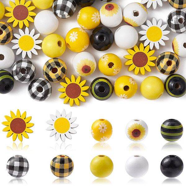 50Pcs 10 Styles Sunflower Theme Printed Wood Beads