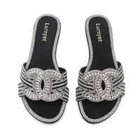 Women's Rhinestone Strap Slide Sandals Open Toe Slip-On Flats for Beach & Casual Wear