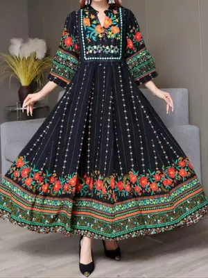 Women's Floral Pattern Long Dress, Boho Style Dress for Beach Holiday Vacation, Ladies Clothes for All Seasons