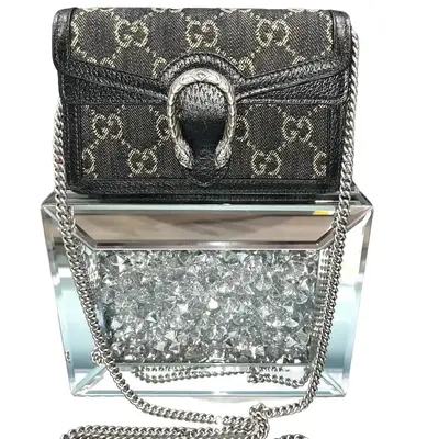 Pre-owned GUCCI GG Supreme canvas Shoulder Bags Black Denim GG Monogram Super Mini Dionysus Shoulder Bag with Adjustable Chai...