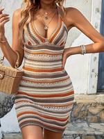 Women's Back To School Striped Hollow Out Tie Back Backless Knitting Bodycon Dress, Casual Halter Backless Short Holiday Dres...