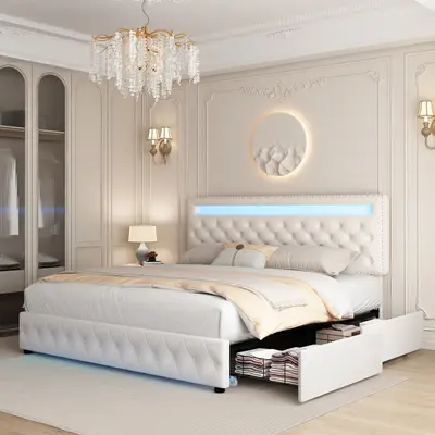 GEGOFORU King Size LED Lighted Storage Bed Frame with 4 Drawers RGBW Lights in Headboard Footboard DIY Smart Color Control Bo...