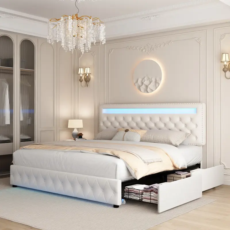 GEGOFORU King Size LED Lighted Storage Bed Frame with 4 Drawers RGBW Lights in Headboard Footboard DIY Smart Color Control Bo...