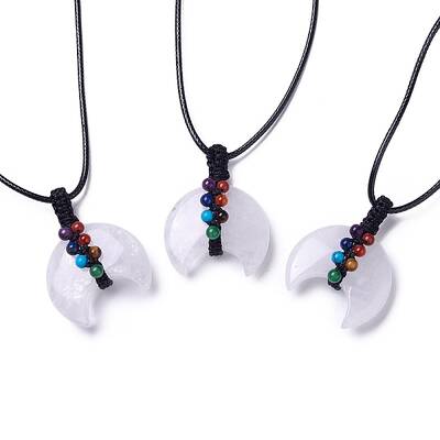 Adjustable Natural Quartz Crystal Double Horn Pendant Necklace with Wax Cord for Women