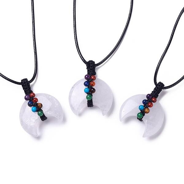Adjustable Natural Quartz Crystal Double Horn Pendant Necklace with Wax Cord for Women