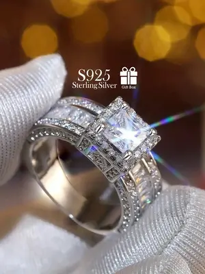 S925 Sterling Silver Women's Elegant Artificial Zircon Decorated Ring, Exquisite Trendy Engagement Ring, Fashionable Jewelry ...