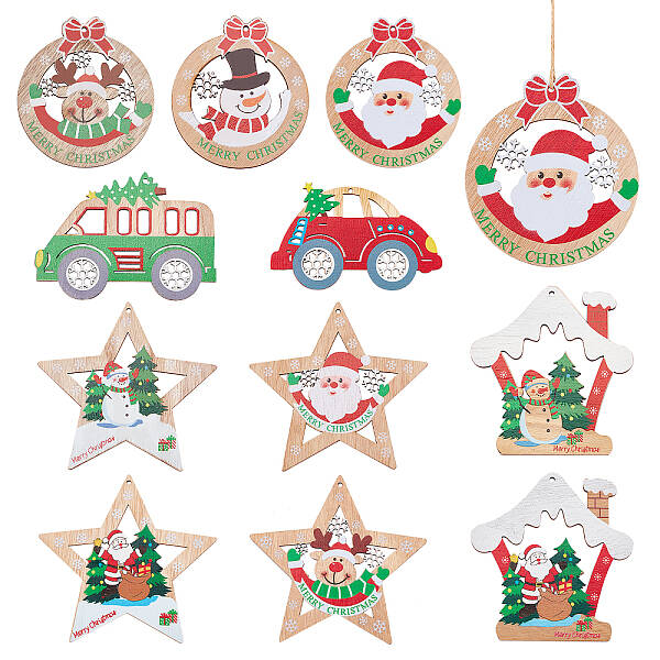 22Pcs 11 Style Christmas Theme Natural Wood Big Pendants
