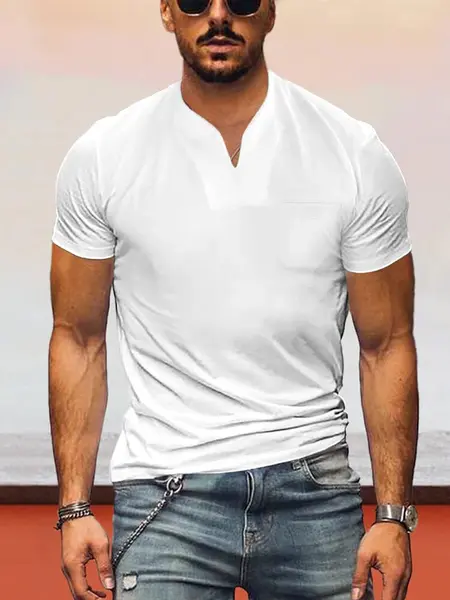 Loose Fit V-neck Short Sleeves T-shirt, White / XL