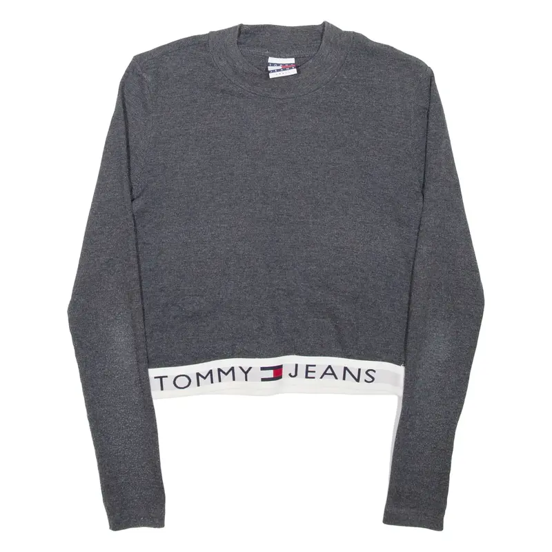 TOMMY HILFIGER Cropped Womens Jumper Grey Crew Neck Tight Knit S