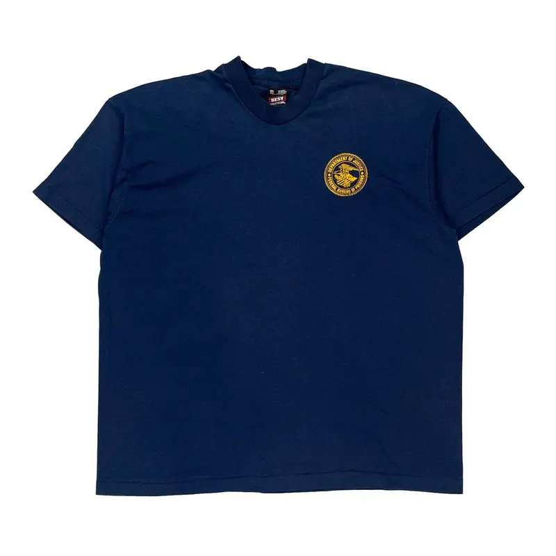 Single Stitch Federal Officer Fruit Of The Loom Graphic T-Shirt - 2XL Blue Cotton Blend