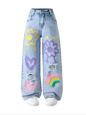 Autumn New Heart Flower Print Snowflake Wash Girls' Wide Leg Jeans, Cute Style Loose Fit Denim Jeans for All Seasons, Denim M...