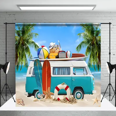 Vacation Blue RV Sea Tree Beach Summer Backdrop - Aperturee