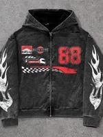 Men's Letter Print Zip Up Hoodie, Street Fashion Casual Loose Long Sleeve Hooded Outerwear for Daily Outdoor Wear, Racing Hoo...