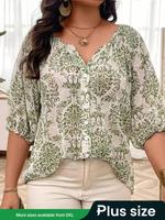 Plus Size Ethnic Pattern Curved Hem Top, Boho Casual Short Sleeve Top for Summer, Women's Plus Clothing for Daily Wear, Women...