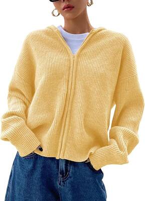 Women's Zip Up Hooded Cardigan Sweater Knitted Drop Shoulder Fall Hoodies Outerwear