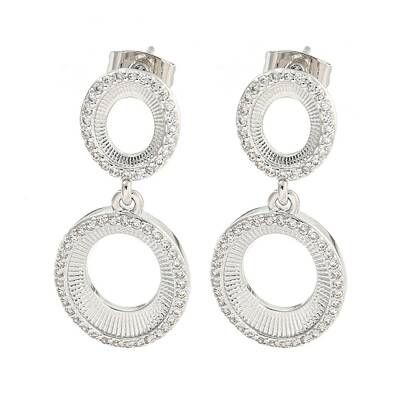 Oval Brass Pave Clear Cubic Zirconia Dangle Stud Earrings