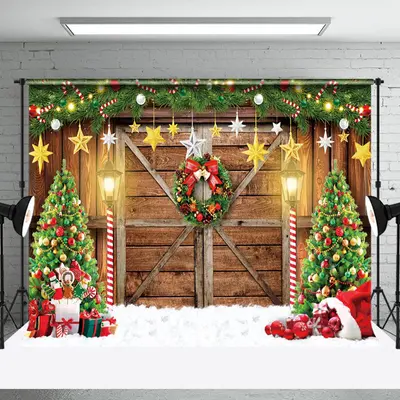 Aperturee Woode Barn Door Trees Festive Christmas Backdrop