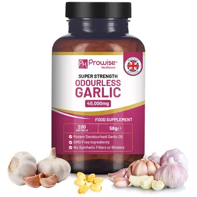 Premium Odourless Garlic Capsules - High Strength 45,000mg - 200 Softgels - Deodourised Premium Garlic Oil Extract from Alliu...