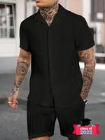 Two-Piece Set Men's Solid Button Front Shirt & Drawstring Waist Shorts, Regular Fit Casual Lapel Neck Short Sleeve Top & Trac...