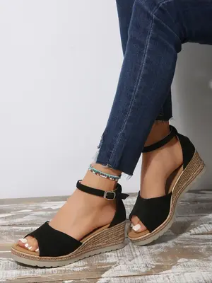 Women's Plain Color Buckle Decor Wedge Sandals, Peep Toe Espadrille Wedge Platform Sandals for Summer, Lightweight Breathable...