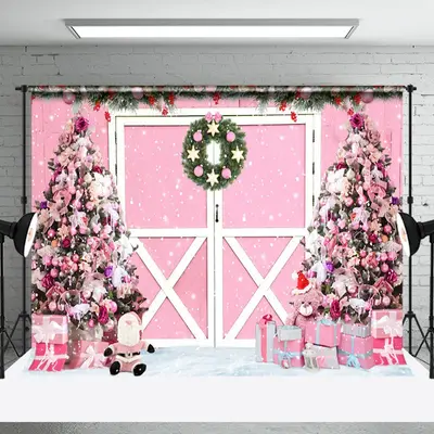 Aperturee Pink Door Wreath Christmas Tree Gifts Backdrop - Aperturee