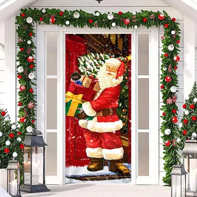 Red Santa Claus Gift Snowy Christmas Door Cover - Aperturee