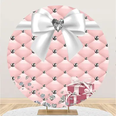 Aperturee Round Sweet Pink And White Diamond Big Bow Backdrop | Circle Party Backdrop | Custom Round Birthday Backdrop | Birt...