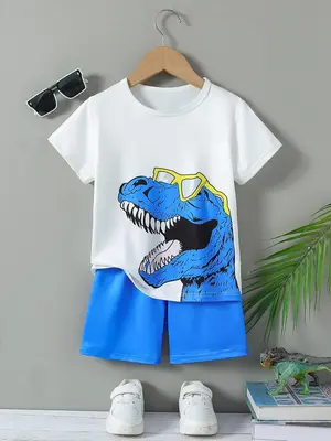 Two-piece Set Boy's Dinosaur Print Short Sleeve Tee & Shorts, Casual Round Neck T-shirt & Shorts, Summer Outfits Clothes for ...