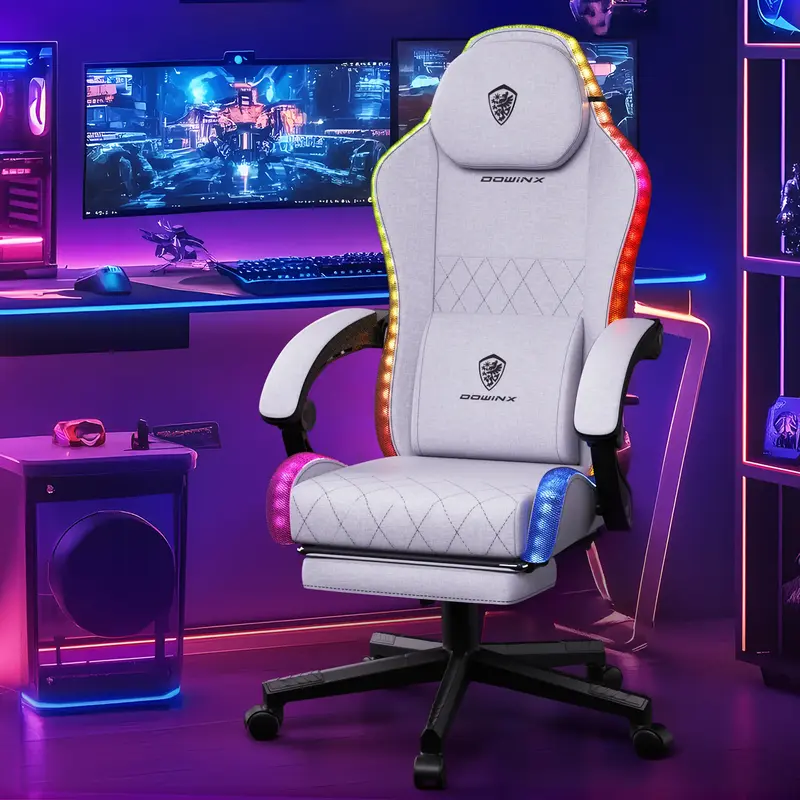 Dowinx Gaming Chair with RGB Lighting, Ergonomic Gaming Chair with Footrest and Massage Lumbar Support, Fabric Gaming Chair