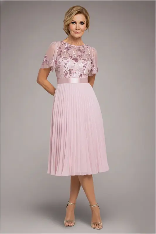 Goddiva Embroidered Top Chiffon Pleated Midi - Blush Pink