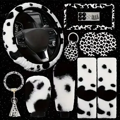 Cow Print Car Interior Decoration Set, Automotive Steering Wheel Cover & Handbrake Cover & Gear Cover & Seat Belt Shoulder P...