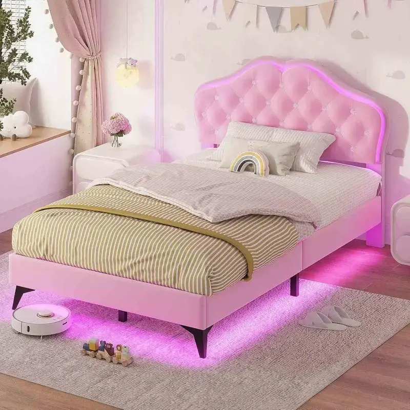 Sikaic Velvet Princess Platform RGB LED Bed Frame with Storage Drawers and Adjustable Crystal Button Headboard Creamy Pink Fu...