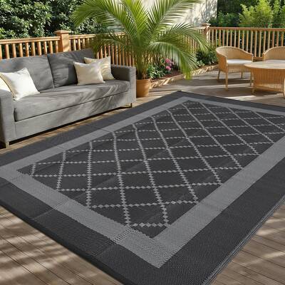 Garvee Outdoor Rug 10x14 Waterproof Reversible Mat Indoor Outdoor Plastic Straw Rus Carpet All Weather Modern Trellis RV Mat ...