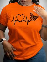 【Plus Size】 Butterfly & Heartbeat Line Print Round Neck Tee, Casual Short Sleeve Crew Neck T-shirt for Daily Wear, Women ...