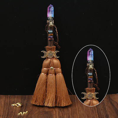 Wood Witch Broom with Synthetic Quartz Pendant Decorations