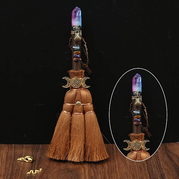Wood Witch Broom with Synthetic Quartz Pendant Decorations