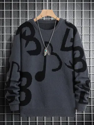 Men's Regular Fit Musical Note Print Round Neck Sweater Without Necklace, Casual Long Sleeve Crew Neck Jumper For Fall & Wint...
